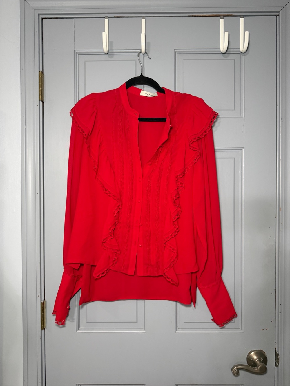 Three Floor Vibrant Red Ruffle-Front Blouse